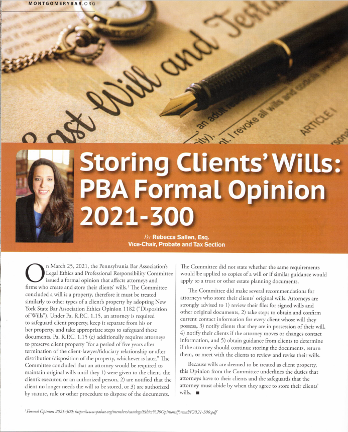 Storing Client's Wills: PBA Formal Opinion 2021-300